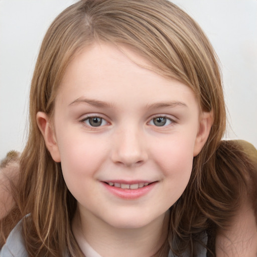 Joyful white child female with medium  brown hair and grey eyes