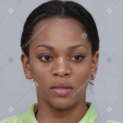 Neutral black young-adult female with short  brown hair and brown eyes