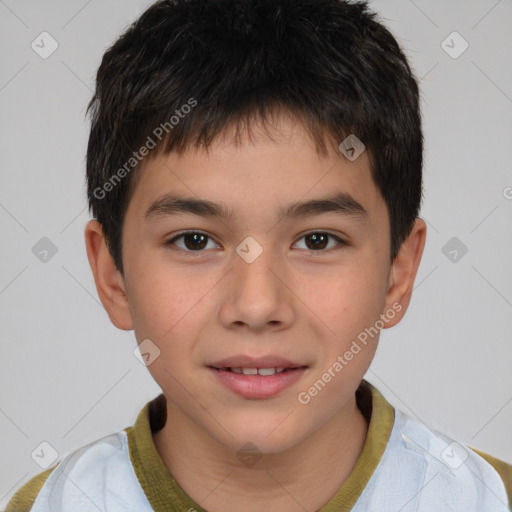 Joyful white child male with short  brown hair and brown eyes