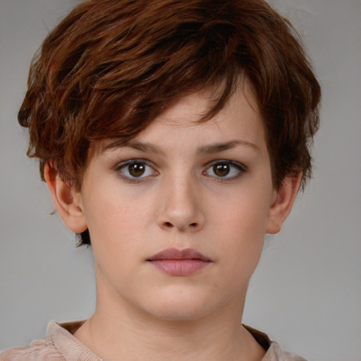 Neutral white young-adult female with short  brown hair and brown eyes