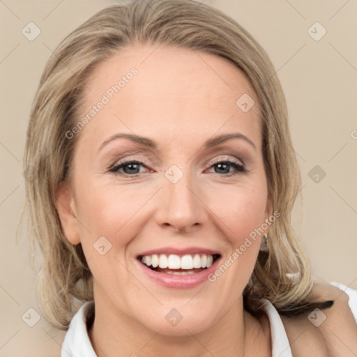 Joyful white adult female with medium  brown hair and green eyes