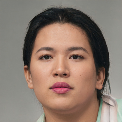 Neutral asian young-adult female with medium  brown hair and brown eyes