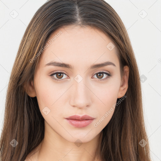 Neutral white young-adult female with long  brown hair and brown eyes