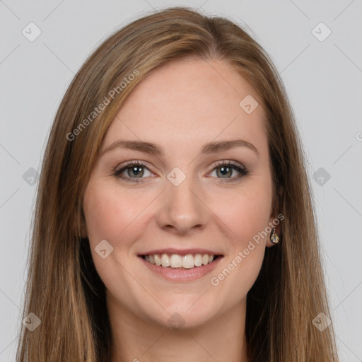 Joyful white young-adult female with long  brown hair and grey eyes