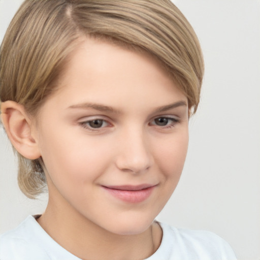 Joyful white child female with short  brown hair and brown eyes