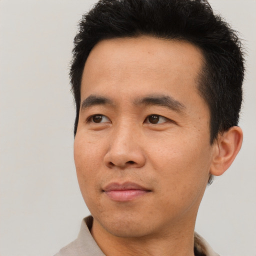 Neutral asian adult male with short  black hair and brown eyes