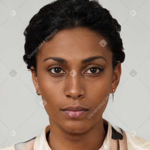 Neutral latino young-adult female with short  black hair and brown eyes