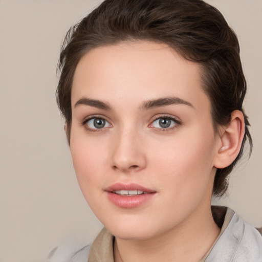 Neutral white young-adult female with medium  brown hair and brown eyes