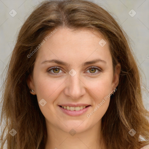 Joyful white young-adult female with long  brown hair and green eyes