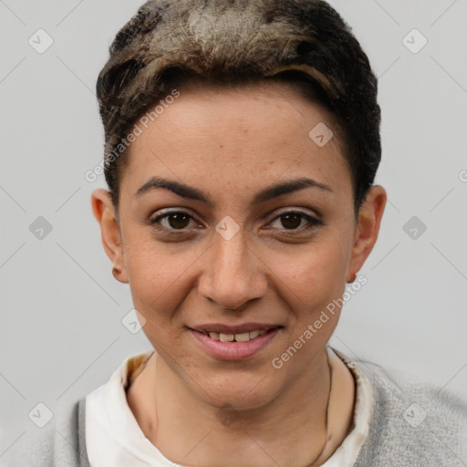 Joyful white young-adult female with short  brown hair and brown eyes