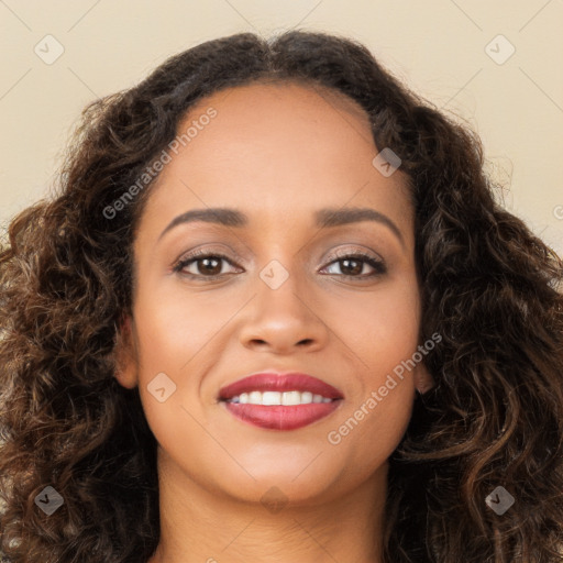 Joyful white young-adult female with long  brown hair and brown eyes