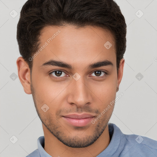 Neutral white young-adult male with short  brown hair and brown eyes