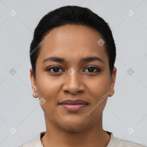 Joyful latino young-adult female with short  black hair and brown eyes