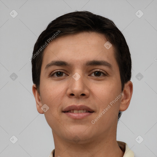 Joyful white young-adult female with short  brown hair and brown eyes