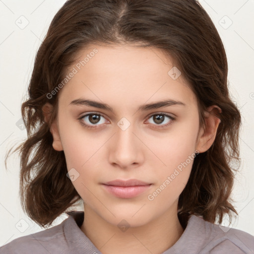 Neutral white young-adult female with medium  brown hair and brown eyes