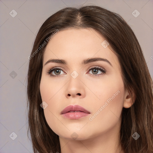 Neutral white young-adult female with medium  brown hair and brown eyes