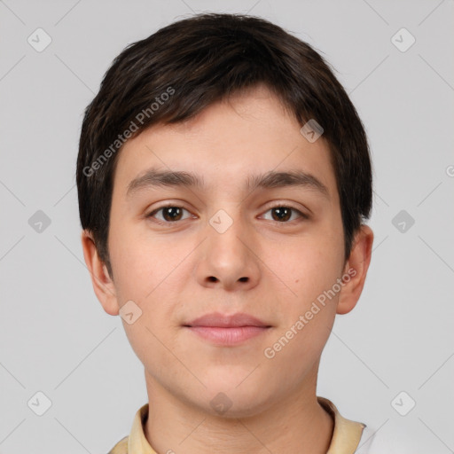 Neutral white young-adult male with short  brown hair and brown eyes