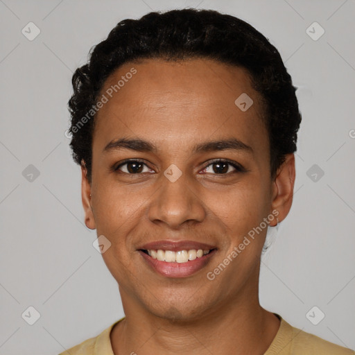 Joyful latino young-adult female with short  black hair and brown eyes