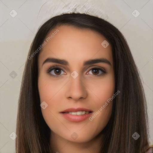 Neutral white young-adult female with long  brown hair and brown eyes