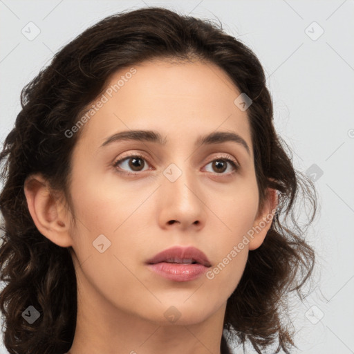 Neutral white young-adult female with medium  brown hair and brown eyes