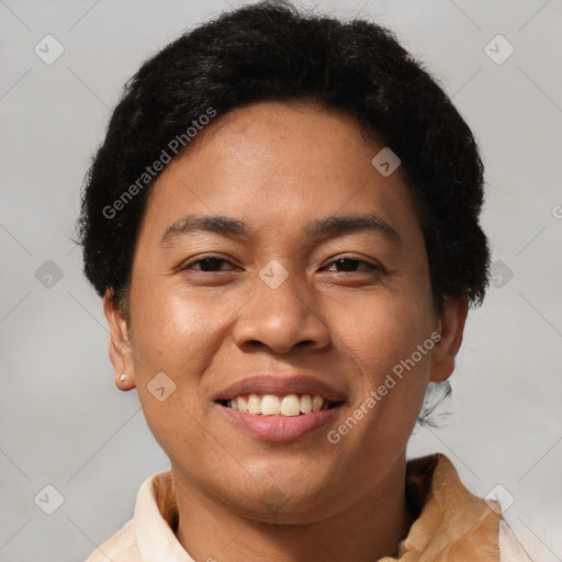 Joyful asian young-adult female with short  brown hair and brown eyes