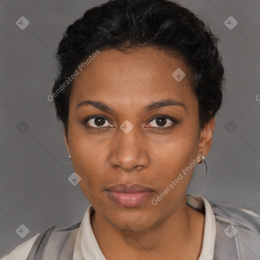 Neutral black young-adult female with short  black hair and brown eyes