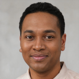 Joyful latino young-adult male with short  black hair and brown eyes