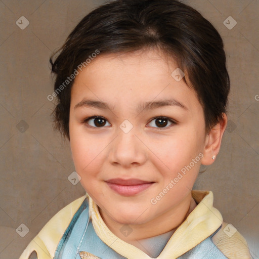 Joyful white child female with medium  brown hair and brown eyes