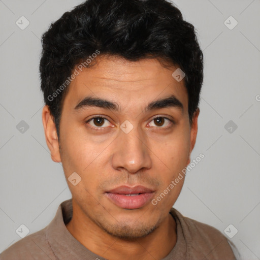 Neutral latino young-adult male with short  brown hair and brown eyes