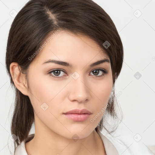 Neutral white young-adult female with medium  brown hair and brown eyes