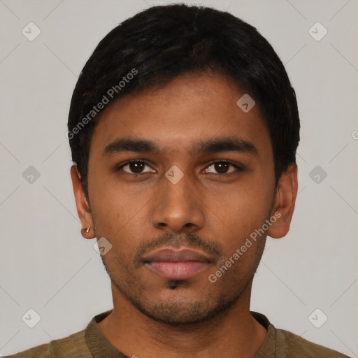 Neutral latino young-adult male with short  black hair and brown eyes