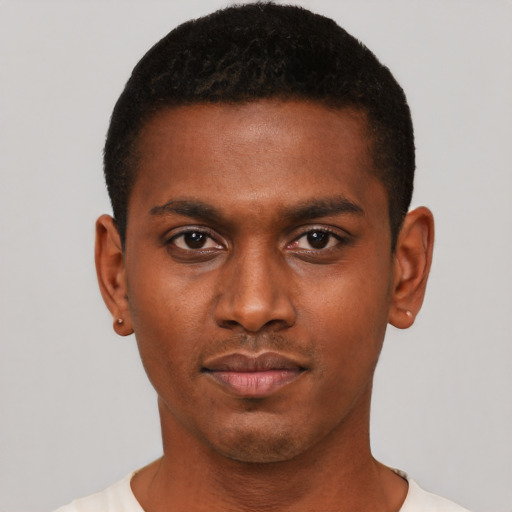 Neutral black young-adult male with short  black hair and brown eyes
