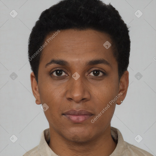 Neutral black young-adult male with short  black hair and brown eyes