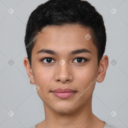 Joyful latino young-adult male with short  brown hair and brown eyes