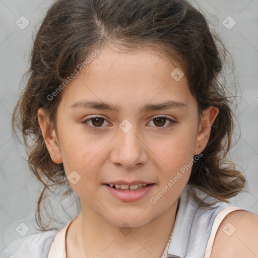 Joyful white child female with medium  brown hair and brown eyes