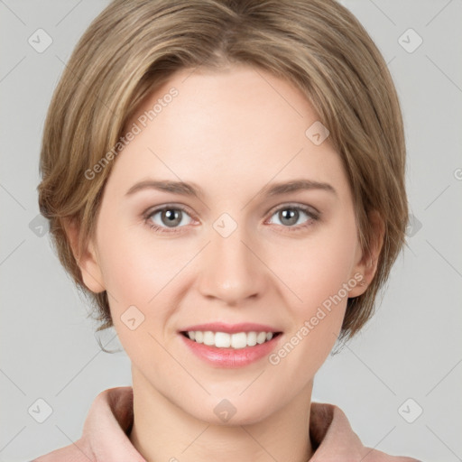 Joyful white young-adult female with medium  brown hair and grey eyes