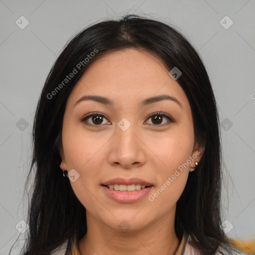 Joyful white young-adult female with long  brown hair and brown eyes