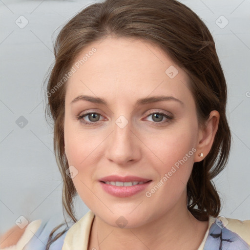 Joyful white young-adult female with medium  brown hair and blue eyes