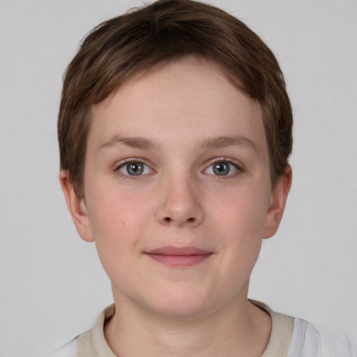 Neutral white child female with short  brown hair and grey eyes