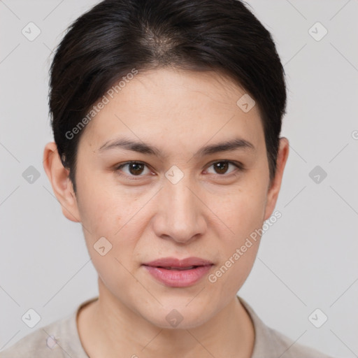 Joyful white young-adult female with medium  brown hair and brown eyes