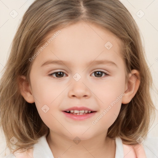 Joyful white child female with medium  brown hair and brown eyes