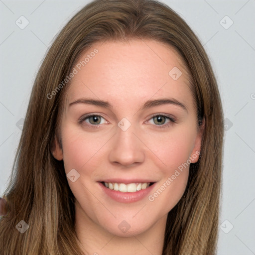 Joyful white young-adult female with long  brown hair and grey eyes