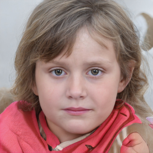 Neutral white child female with medium  brown hair and blue eyes