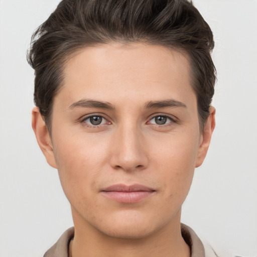 Neutral white young-adult female with short  brown hair and brown eyes