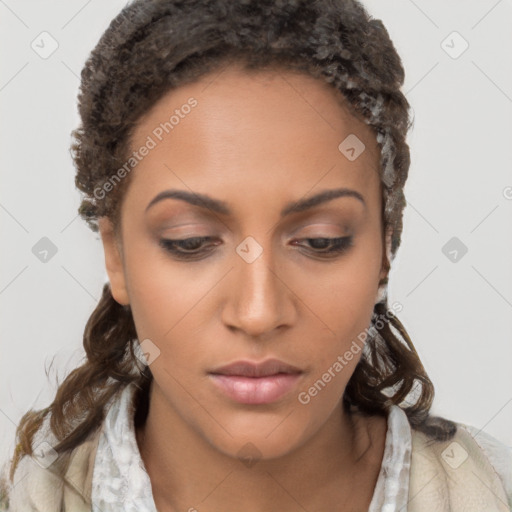 Neutral white young-adult female with long  brown hair and brown eyes