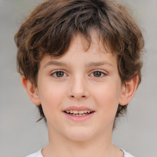 Joyful white child female with medium  brown hair and brown eyes