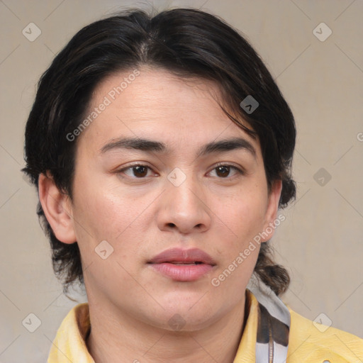 Neutral white young-adult female with medium  brown hair and brown eyes