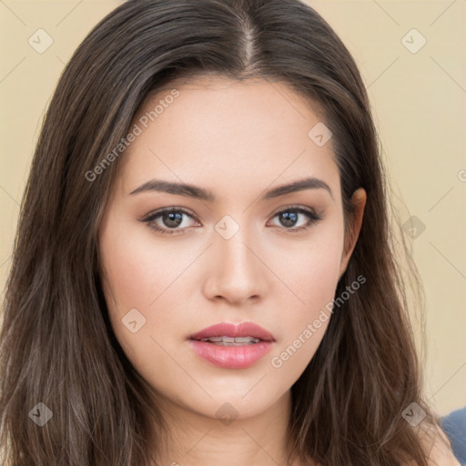 Neutral white young-adult female with long  brown hair and brown eyes