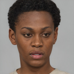 Neutral black young-adult female with short  black hair and brown eyes