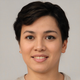 Joyful asian young-adult female with short  brown hair and brown eyes